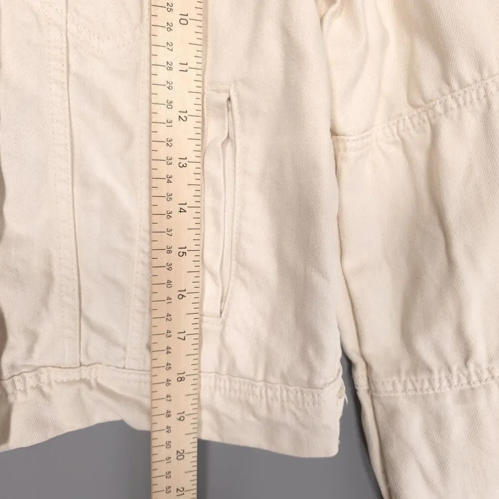 WE THE FREE Women's Denim Jacket SMALL Cream Cropped 100% Cotton Button‎ Front